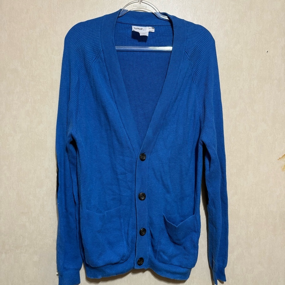 Topman Blue Cotton Ribbed V Neck Cardigan Sweater Elbow Patches